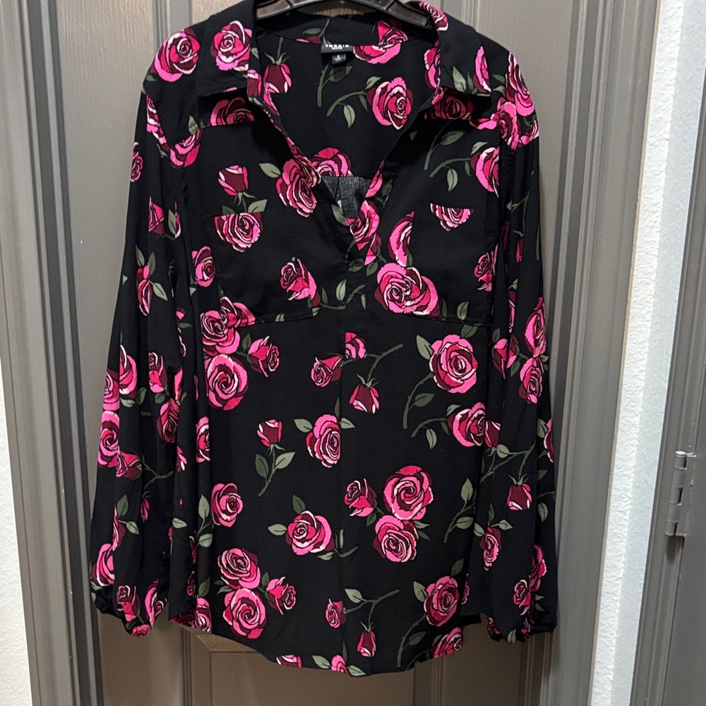 Rose Print Black and Pink Women's Top